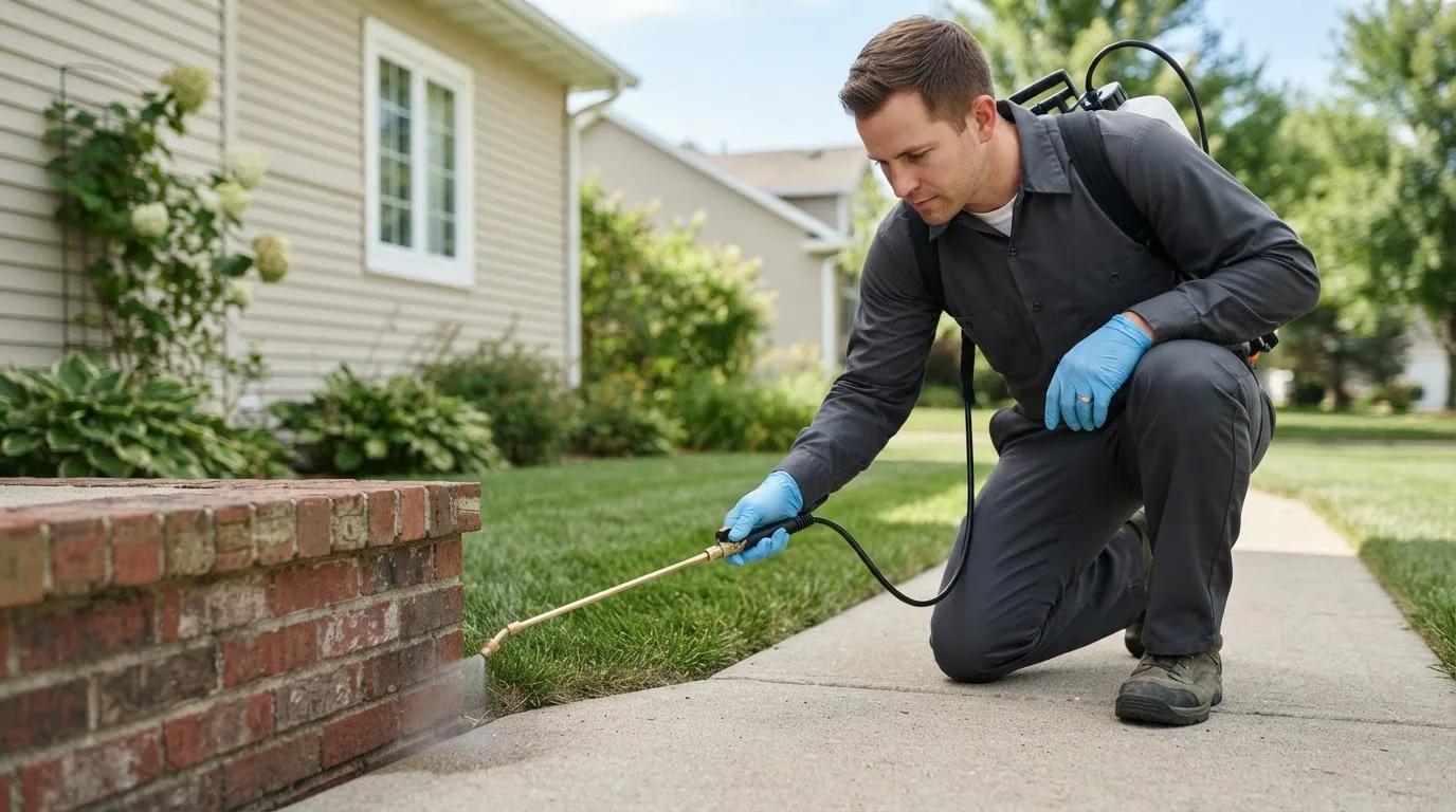 Pest control technician treating a home near Bath, MI